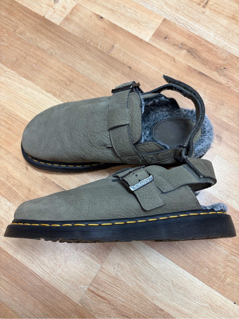 Dr. Martens Olive Green Shearling-Lined Buckle Slip-On Loafers, Jorge II.